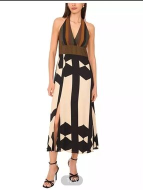 VINCE CAMUTO Halter-Neck Geometric Midi Dress in Black and Cream